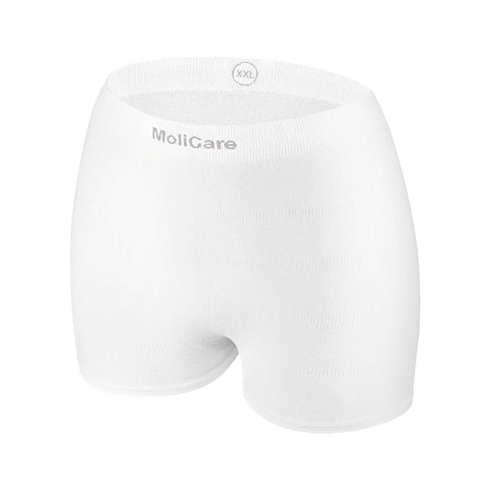 Hartmann MoliCare® Fixpants Netzhose der Paul Hartmann AG ist eine weiße, nahtlose, elastische Hose mit der Aufschrift „MoliCare“ und „XXL“ am Bund, die Inkontinenzeinlagen sicher hält. Abgebildet auf schlichtem weißem Hintergrund.