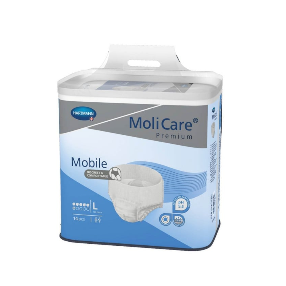 Eine Packung mit 14 Hartmann MoliCare® Premium Mobile Inkontinenzpants, 6 Tropfen, Größe L von der Paul Hartmann AG. Die weiß-blaue Verpackung zeigt Produktdetails und ein Foto und wurde für ein effektives Harninkontinenzmanagement entwickelt.