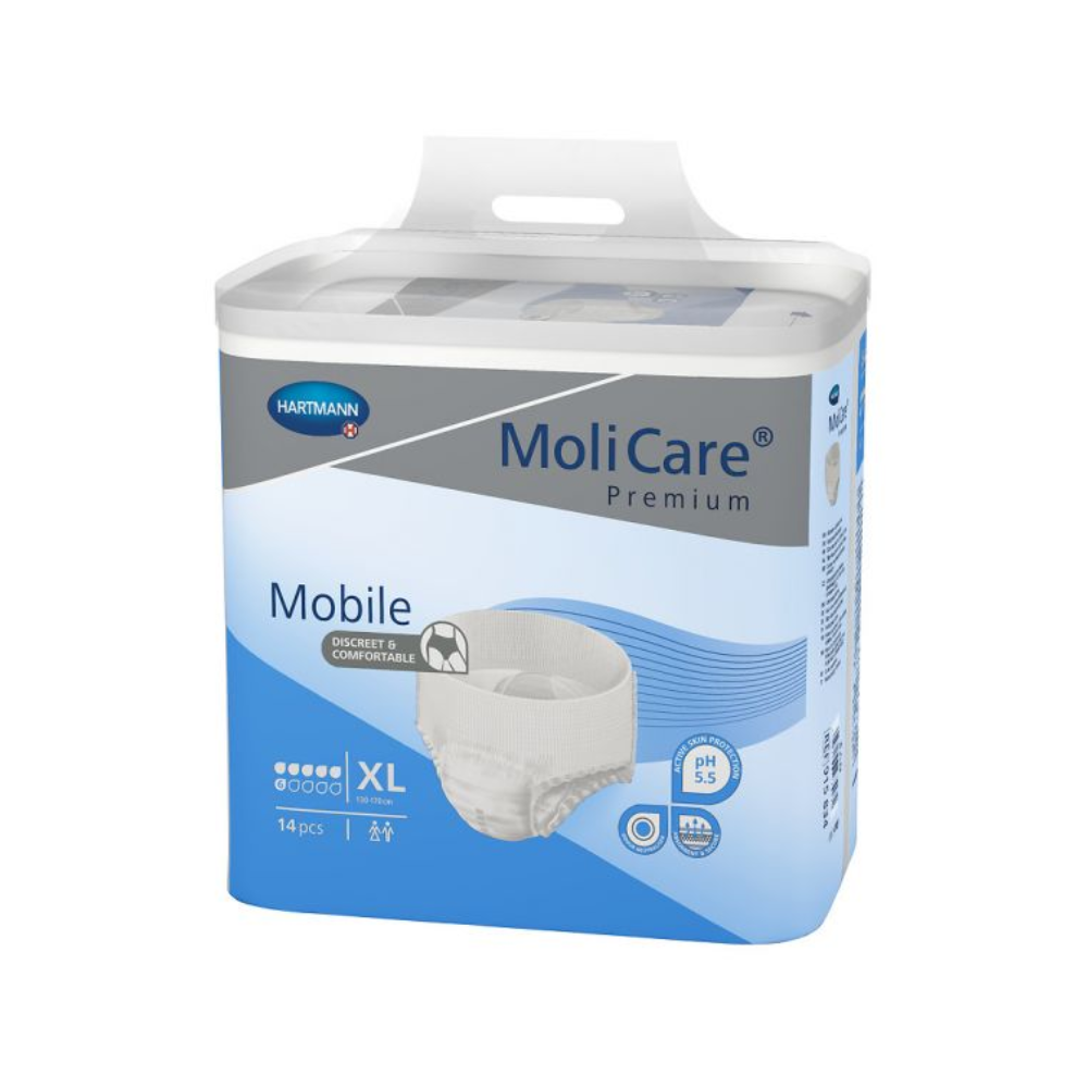 Eine Packung mit 14 Hartmann MoliCare® Premium Mobile Inkontinenzpants, Größe XL (6 Tropfen), von der Paul Hartmann AG. Die überwiegend weiße Verpackung mit blauen Akzenten zeigt wichtige Informationen zum Management von Harninkontinenz.
