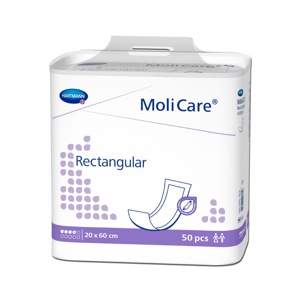 Eine Packung Hartmann MoliCare® Rectangular Einlage, 4 Tropfen der Paul Hartmann AG zeigt eine Pad-Abbildung, hat die Größe 20 x 60 cm und enthält 50 Stück – ideal bei Blasenschwäche.