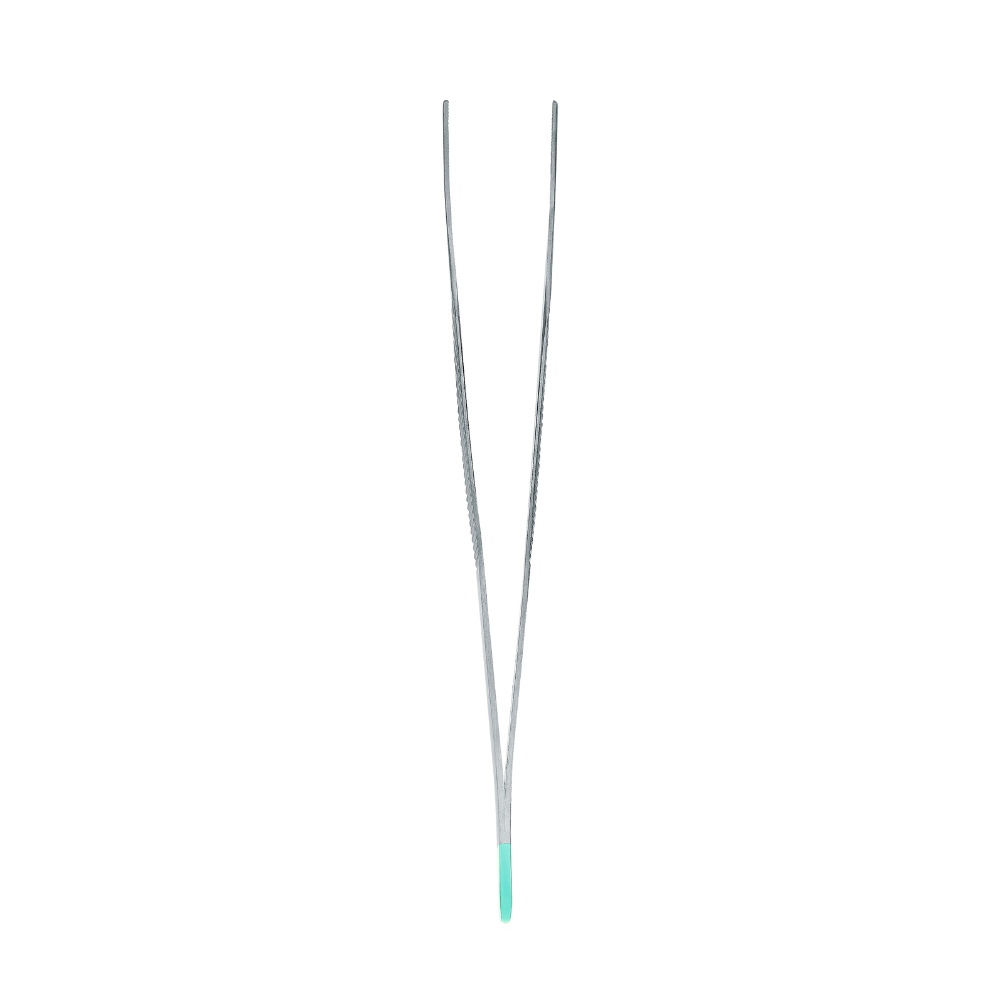 Eine anatomische Pinzette von Hartmann Adson, eine gerade 12 cm lange Metallpinzette von Paul Hartmann AG mit strukturiertem Griff und grüner Spitze, elegant vor einem makellosen weißen Hintergrund.