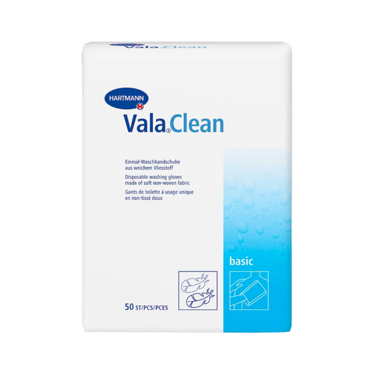 Eine Packung mit 50 Einmal-Waschhandschuhen Vala®Clean Basic (23 x 15,5 cm) der Paul Hartmann AG für die Körperpflege zeichnet sich durch ein überwiegend weißes Design mit blauen Akzenten und eine mehrsprachige Beschriftung aus.