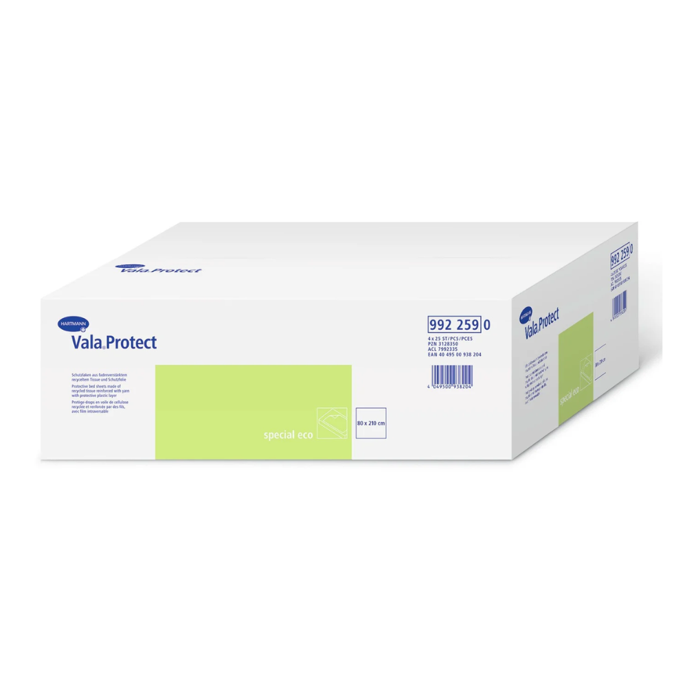 Auf einer weißen Schachtel mit der Aufschrift „Hartmann Vala® Protect eco Einmal-Schutzlaken 80 x 210 c| Karton (1 Packung)“ in blauer und grüner Schrift ist deutlich der Produktcode „992 259“ sowie der Schriftzug „special eco“ zu sehen. Die mit Recycling-Tissue veredelte Verpackung weist an den Seiten mehrere Barcodes und detaillierte Produktinformationen unter dem Markennamen Paul Hartmann AG auf.
