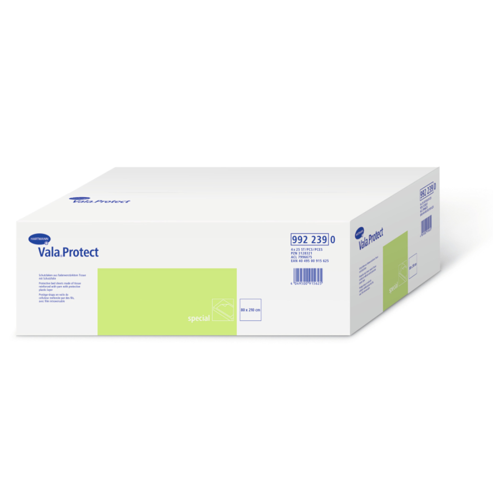 Auffällig ins Auge fällt ein weiss-grüner Karton mit den „Hartmann Vala®Protect Spezial Schutzlaken, 80 x 120 cm“ der Paul Hartmann AG, der Produktinformationen und Barcodes enthält. Aus hautfreundlichen Materialien gefertigt, sorgt diese Einweg-Schutzhülle für optimalen Infektionsschutz für Ihre Sicherheitsbedürfnisse.