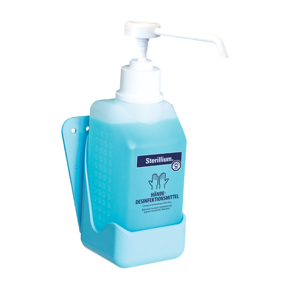 Ein 2er-Pack Hartmann Wandhalter Hände der Paul Hartmann AG, ausgelegt für 500 ml Flaschen, Farbe blau. Inklusive Befestigungsmaterial für die Wandmontage; geeignet für den sicheren und bequemen Spendereinsatz.