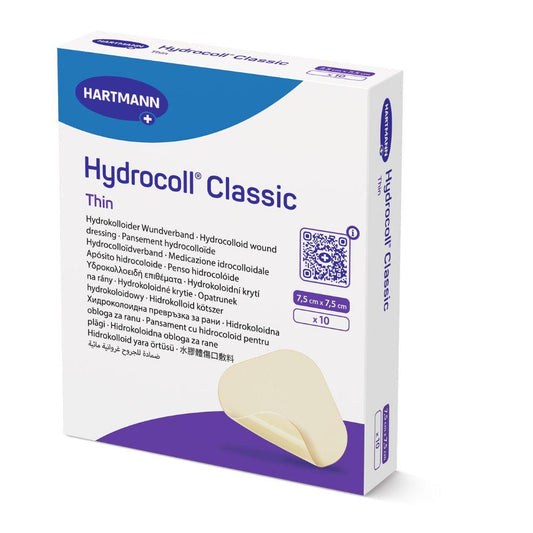 Eine Schachtel Hydrocoll® Classic Thin sterile Wundauflagen der Paul Hartmann AG, 7,5 x 7,5 cm, 10 Stück pro Schachtel, einzeln eingesiegelt. Weiß-blaue Verpackung mit mehrsprachigem Text.