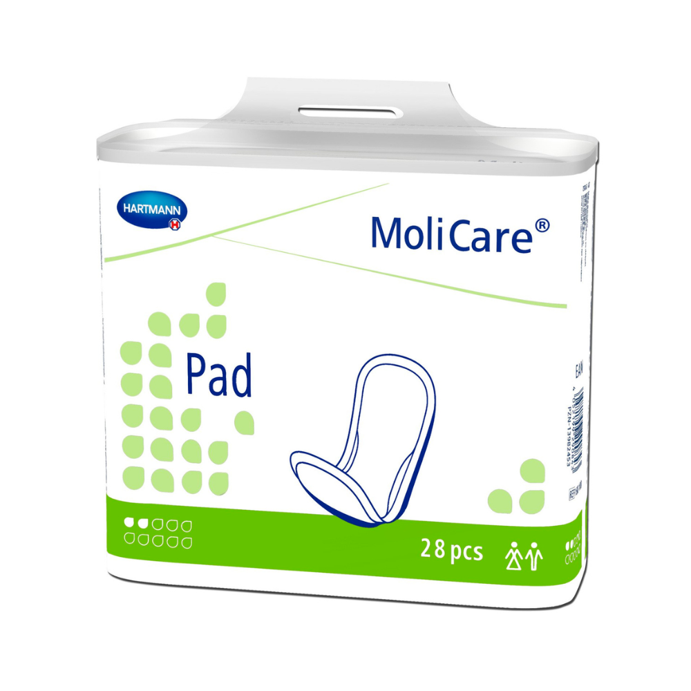Eine Packung Hartmann MoliCare-Einlagen gegen Inkontinenz, die 28 Stück enthält. Die Verpackung ist hauptsächlich weiß mit grünen Akzenten und enthält auf der Vorderseite eine vereinfachte Abbildung einer Einlage. Das Produkt ist sowohl für die Verwendung durch Männer als auch durch Frauen gekennzeichnet.