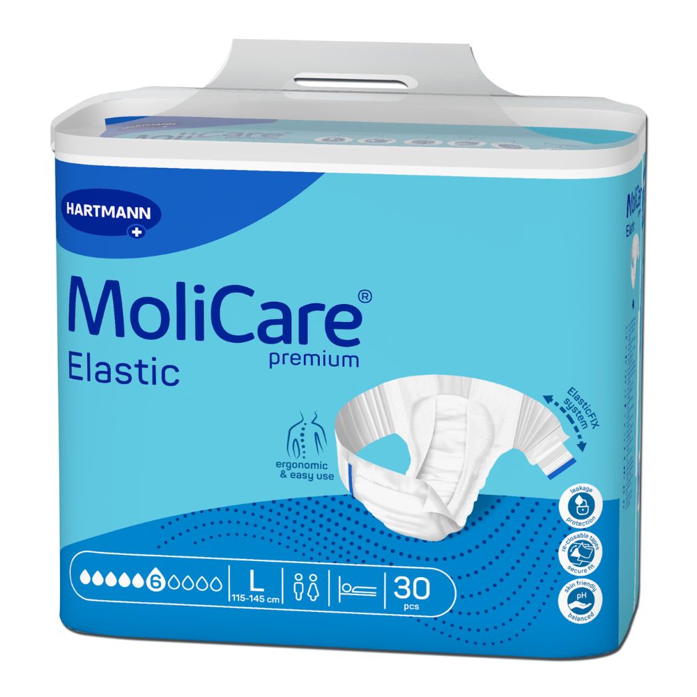 Die Hartmann MoliCare® Premium Elastic Erwachsenenwindeln der Paul Hartmann AG, geeignet für Harn- und Stuhlinkontinenz, kommen in einer blauen Verpackung mit weissen Akzenten daher und überzeugen mit Details wie Grösse Large (115-145 cm), 30 Stück pro Packung und einem ergonomischen Design.