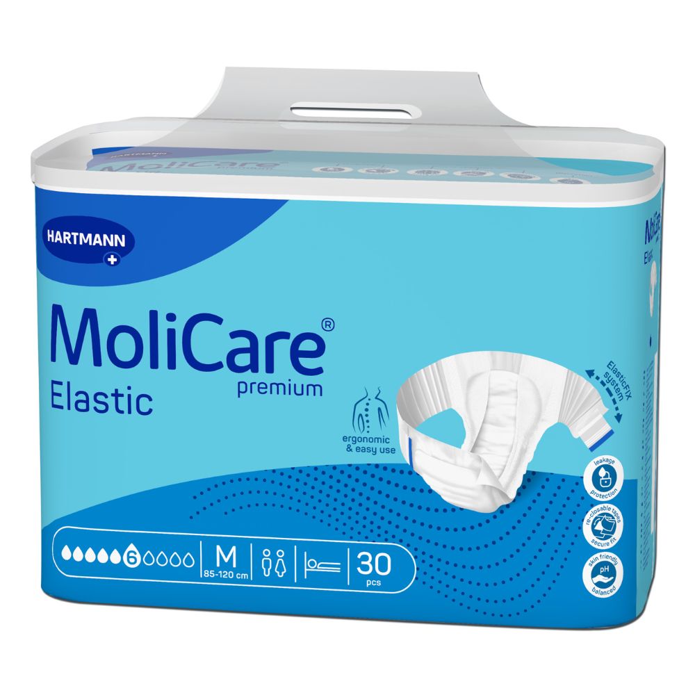 Eine Packung Hartmann MoliCare® Premium Elastic Erwachsenenwindeln der Paul Hartmann AG ist in blau-weißer Verpackung mit ihrem Logo erhältlich. Sie bietet Linderung bei Harn- und Stuhlinkontinenz, ist in der Größe Medium für einen Taillenumfang von 85-120 cm erhältlich, umfasst 30 Stück und ist mit ergonomischen und benutzerfreundlichen Symbolen versehen.
