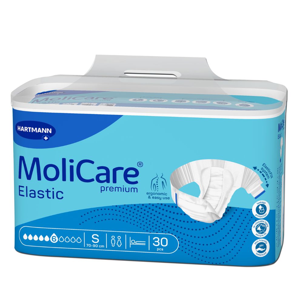 Packung Hartmann MoliCare® Premium Elastic, 6 Tropfen-Slips für Harn- und Stuhlinkontinenz von Paul Hartmann AG, Größe S, passend für Taillenumfang 70-90 cm. Enthält 30 Slips mit ergonomischem Design und benutzerfreundlichen Symbolen in einem blau-weißen Farbschema sowie ein Bild eines Slips.