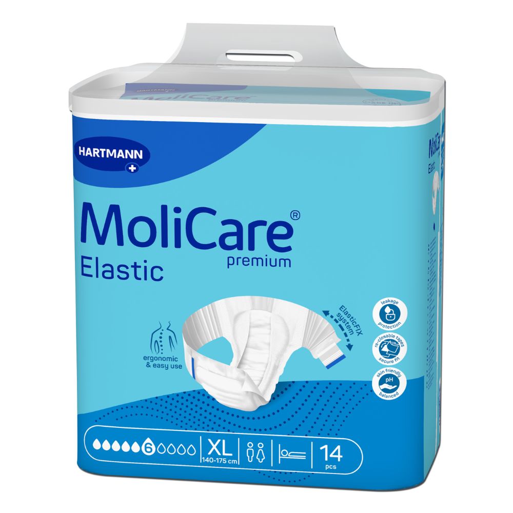 Die Hartmann MoliCare Premium Elastic Erwachsenenwindeln in XL haben eine blau-weiße Verpackung mit dem Bild der Inkontinenzvorlage. Sie enthalten 14 Stück für Taillenweiten von 140-175 cm, tragen deutlich sichtbar den Markennamen Paul Hartmann AG und bieten Komfort für Harn- und Stuhlinkontinenz.