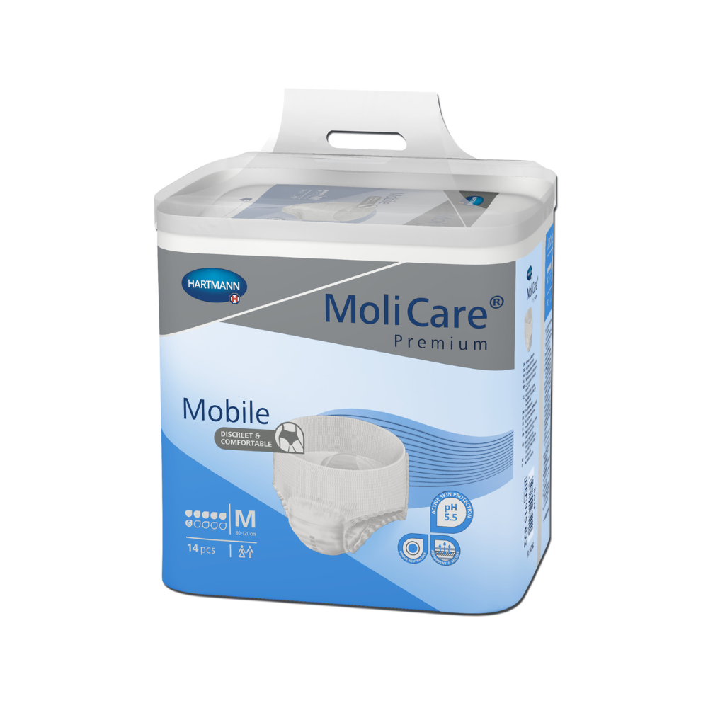 Eine rechteckige Kunststoffpackung mit Hartmann MoliCare® Premium Mobile Inkontinenzpants, 6 Tropfen, Größe M, 14 Stück. Die weiß-blaue Verpackung zeigt Produktbilder, Informationen zur Harninkontinenz und das Logo der Paul Hartmann AG.