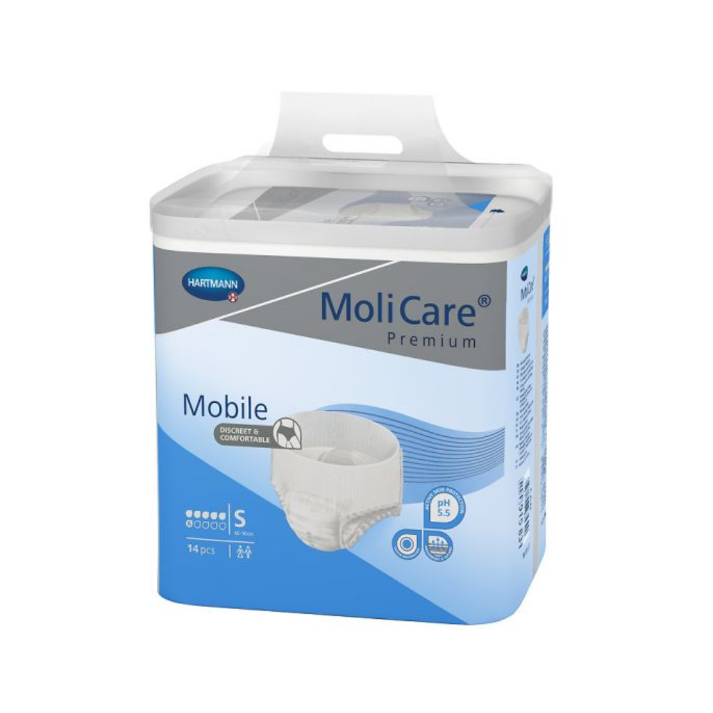 Eine Packung mit 14 Paul Hartmann AG MoliCare® Premium Mobile Inkontinenzpants, 6 Tropfen, Größe S, für Harninkontinenz mit blau-weißem Branding und einem Tragegriff aus Kunststoff.