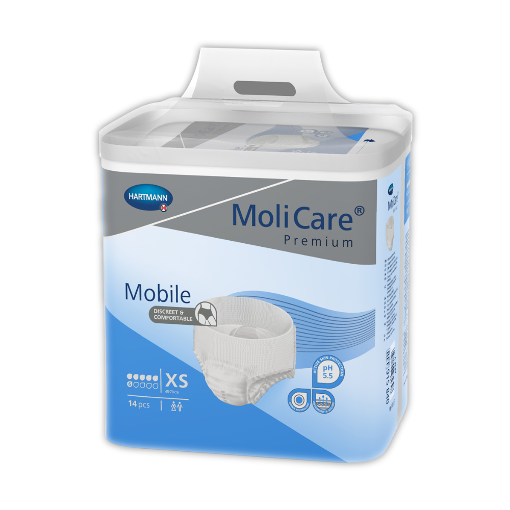 Eine Packung MoliCare® Premium Mobile Inkontinenzpants, 6 Tropfen, Größe XS (14 Stück) der Paul Hartmann AG zur Harninkontinenz wird in einer überwiegend weiß-blauen Verpackung mit Produktdetails und einer Unterwäscheabbildung auf der Vorderseite geliefert.