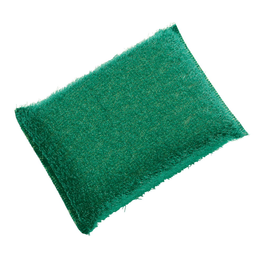 Ein grüner, rechteckiger Haug Abrasiv-Scheuerschwamm Groß PP Hart mit den Maßen 150 x 100 x 40 mm eignet sich perfekt für die Reinigung und bekämpft stark verschmutzte Oberflächen gekonnt, dargestellt vor einem schlichten weißen Hintergrund.
