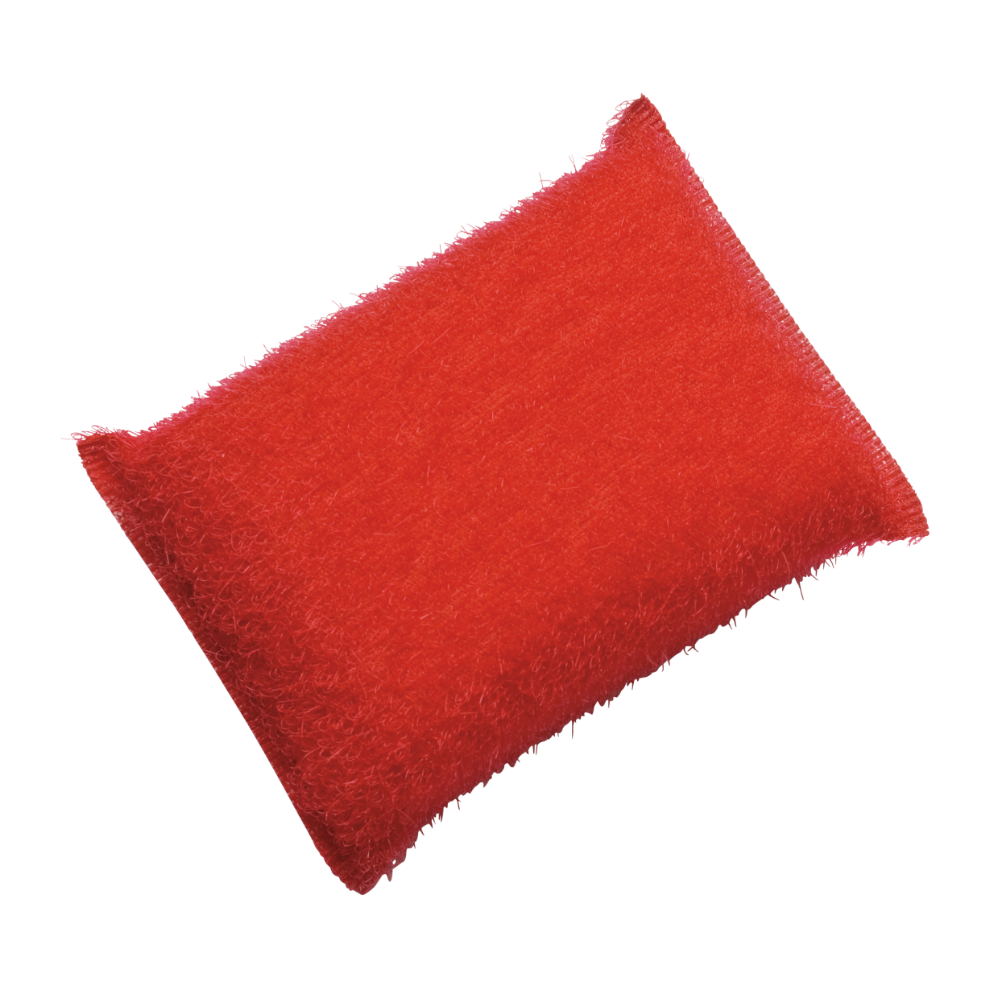 Ein rechteckiger Schleifschwamm Groß von Haug Bürsten KG in Rot mit flauschiger Textur, ideal für die Bearbeitung stark verschmutzter Oberflächen.