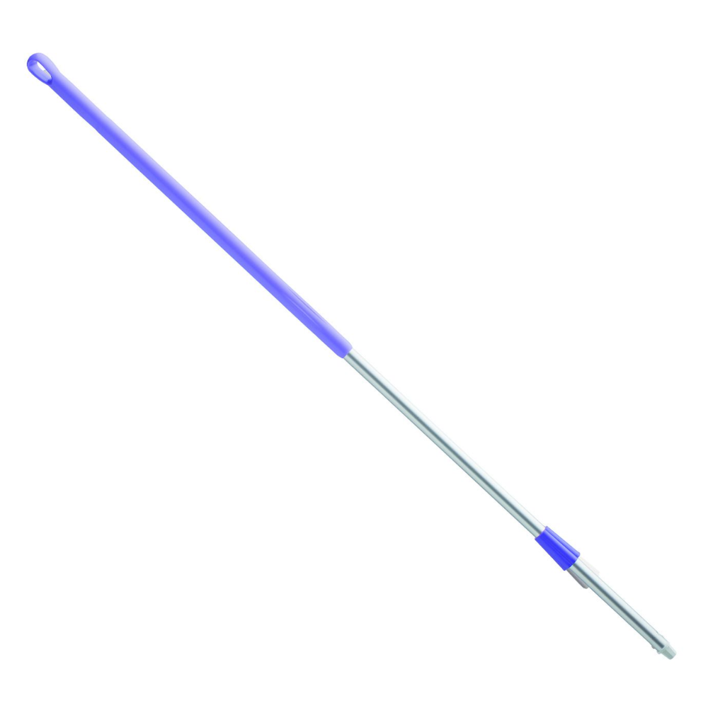 Abgebildet ist ein Wischmopp mit robustem Haug Alustiel-Stiel in violetter Griffschale. Der Wischmoppkopf ist nicht sichtbar, seine ausziehbare Konstruktion entspricht jedoch den HACCP-Hygienestandards für optimale Sauberkeit. Der Stiel hat eine Länge von 1500 mm mit Durchmessern von ø 32/25 mm von Haug Bürsten KG und ist in verschiedenen Farben erhältlich.