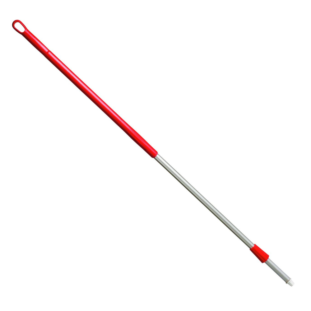Der Haug Bürsten KG Alustiel mit Kunststoff-Überzug, erhältlich in 1500 mm und ø 32/25 mm, ist in Rot und Silber gehalten und hat oben eine praktische Schlaufe zum Aufhängen. Er verfügt über eine glatte Metalloberfläche im unteren Teil und einen bequemen roten Griff, sodass er mit seinem innovativen Stecksystem ideal zur Einhaltung der HACCP-Hygienestandards geeignet ist.