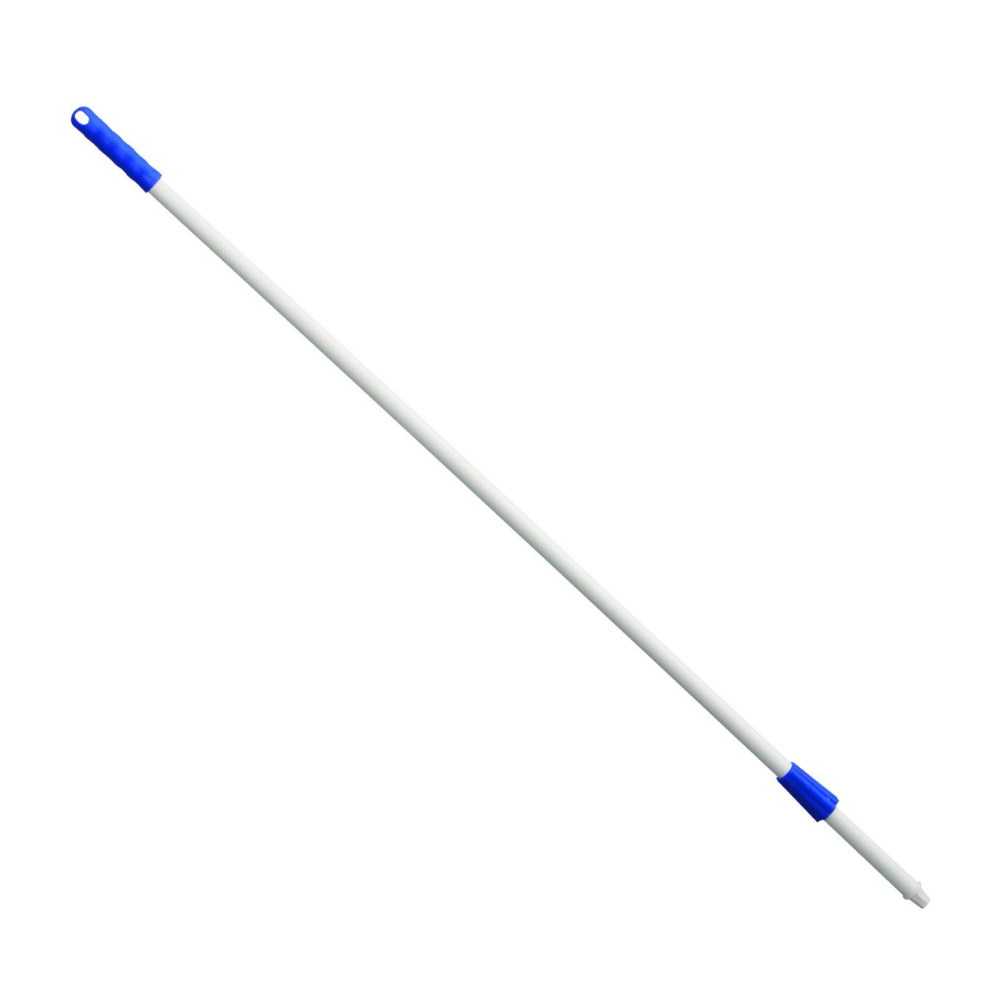 Vor einem weißen Hintergrund ist ein 1450 mm langer, nichtleitender Fiberglasstiel der Haug Bürsten KG mit blauen Kunststoffenden und einem ergonomischen Griff zu sehen.
