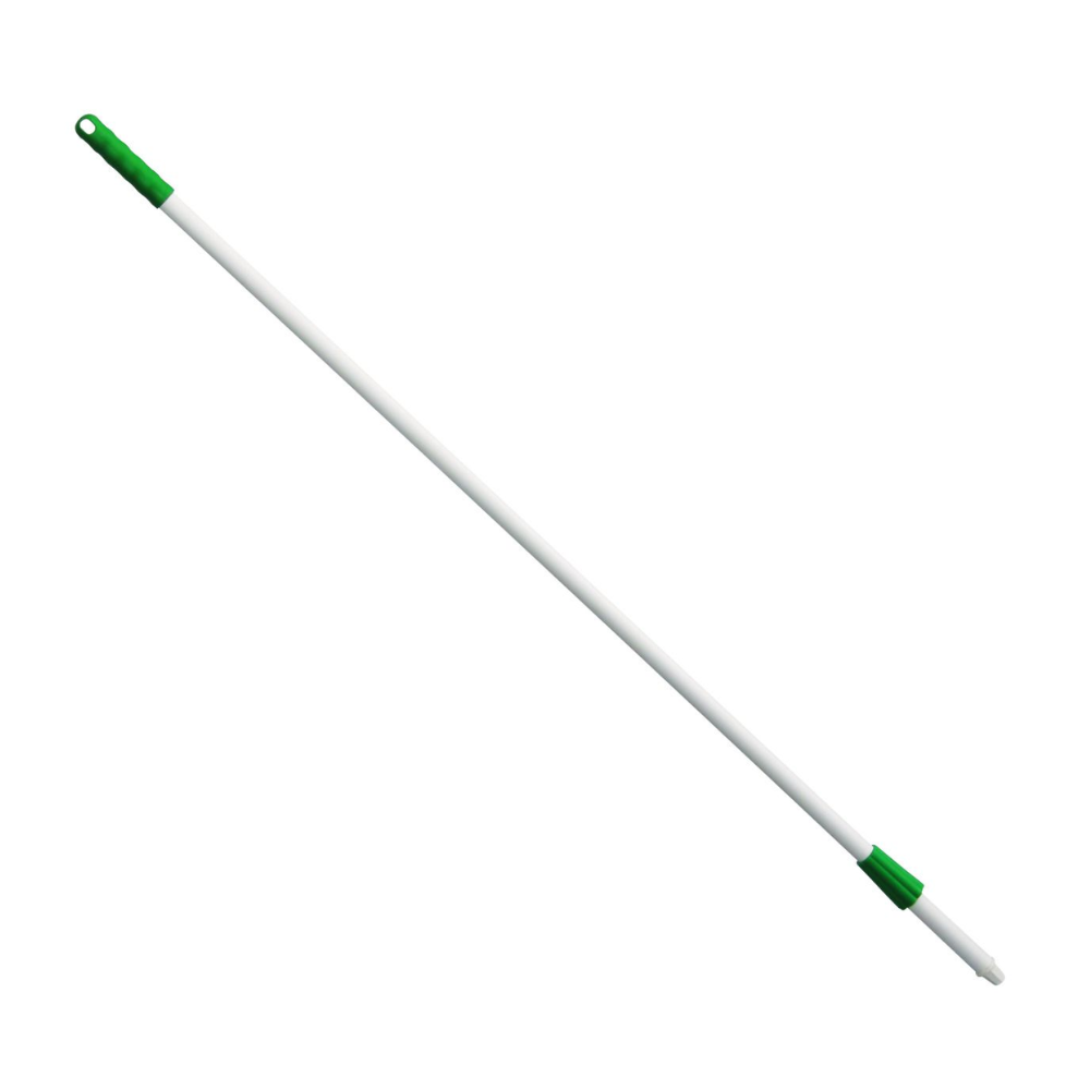 Ein weiß-grüner 1450-mm-Moppgriff aus Haug Fiberglasstiel, von Haug Bürsten KG ergonomisch und auf Langlebigkeit ausgelegt, verfügt an der Oberseite über ein Loch zum Aufhängen.