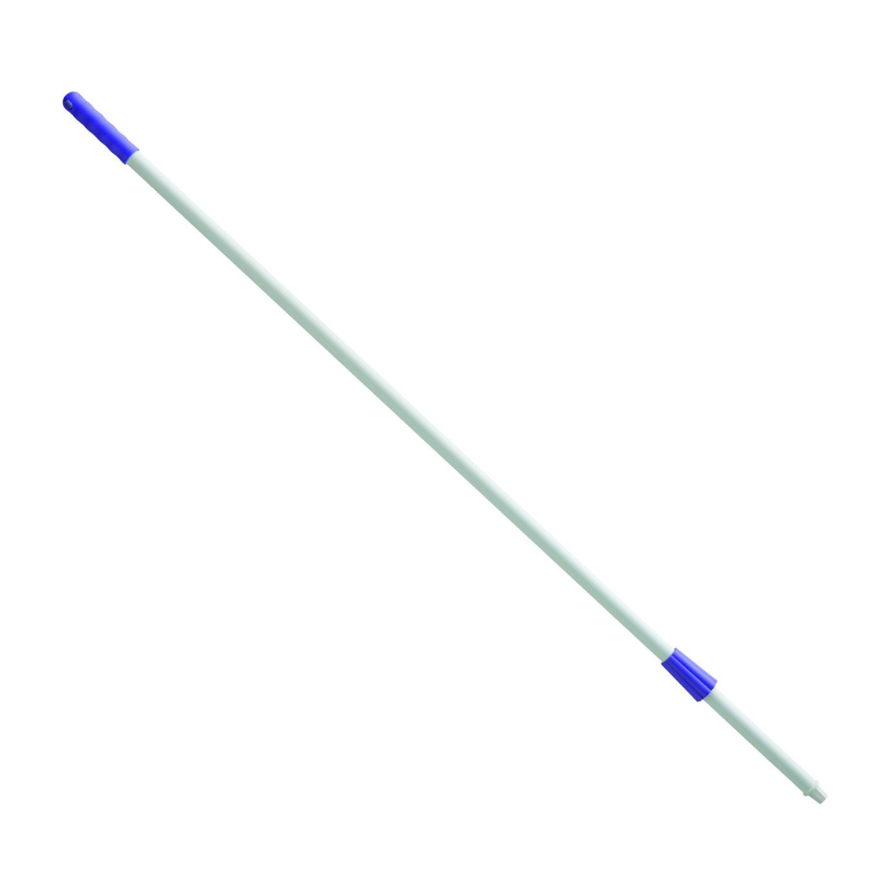 Ein weißer Haug-Fiberglasstiel von Haug Bürsten KG mit einer Länge von 1450 mm umfasst blaue Griffe und einen Verbinder für zusätzliche Haltbarkeit.