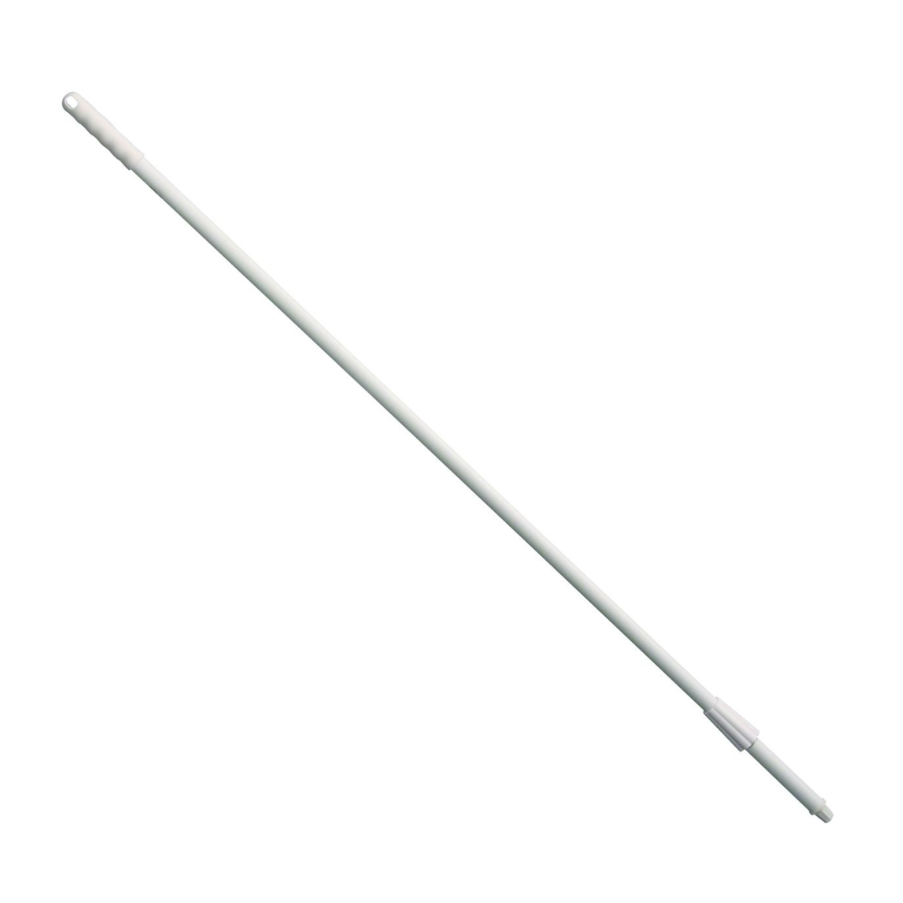 Ein Fiberglasstiel von Haug Bürsten KG in Weiß auf schlichtem weißem Hintergrund, bestehend aus zwei Segmenten und mit einem Loch an einem Ende zum Aufhängen oder Befestigen ausgestattet, was ihn leicht und ergonomisch macht.