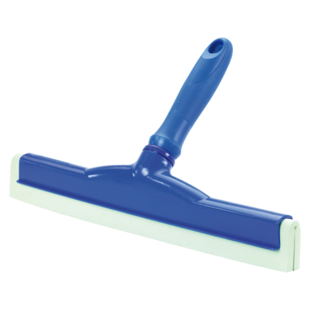 Ein Haug Hand-Wasserabzieher mit Lebensmittelgummi, erhältlich in verschiedenen Farben, verfügt über einen stabilen Griff und eine breite, flache, abgewinkelte Gummiklinge. Dieses Produkt von Haug Bürsten KG ist ideal für hygienische Anwendungen und wurde zum Reinigen glatter Oberflächen wie Fenster oder Duschtüren unter Einhaltung der HACCP-Standards entwickelt.