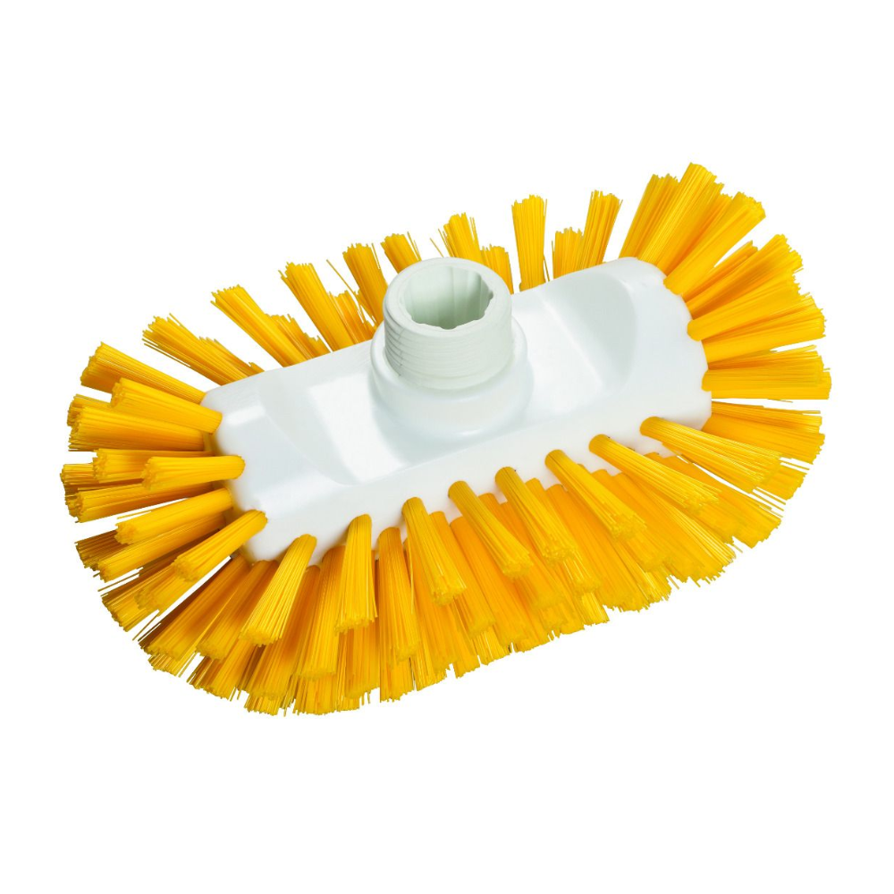 Nahaufnahme eines gelben Haug Kesselbürste PBT Hart-Bürstenkopfes von Haug Bürsten KG mit einem zentralen weißen Befestigungspunkt, ideal zum Schrubben oder Reinigen. Die gleichmäßig verteilten und starren PBT-Borstenborsten sind rechteckig um den zentralen Bereich angeordnet, wodurch sie für jede HACCP-konforme Umgebung geeignet sind.