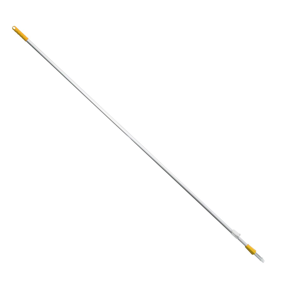 Der in verschiedenen Farben erhältliche Teleskopstiel ausziehbar von 2180 bis 4000 mm mit einem Durchmesser von 25/22 mm der Firma Haug Bürsten KG verfügt über eine lange, weiße Teleskopkonstruktion mit gelbem Griff an einem Ende und einer Gewindespitze am anderen Ende und ist somit ideal für die Befestigung verschiedener Reinigungswerkzeuge.