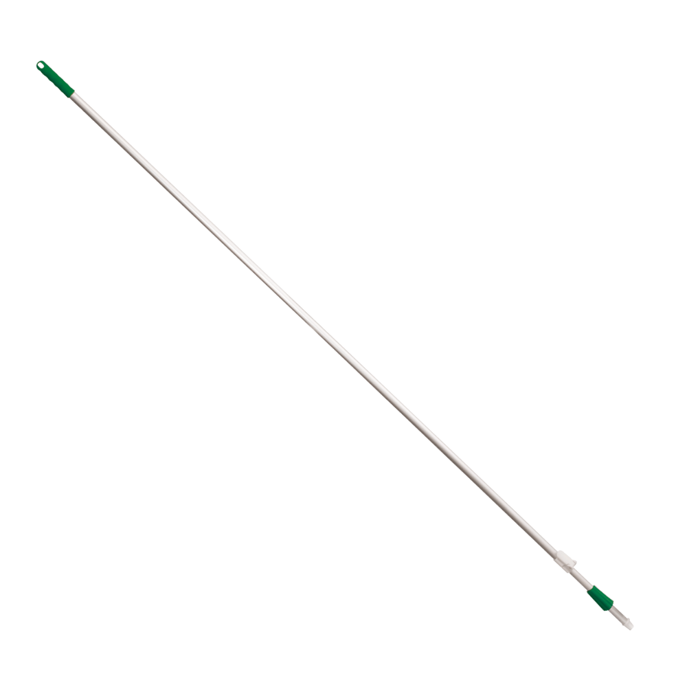 Der Haug Teleskopstiel ausziehbar, mit Abmessungen von 2180 bis 4000 mm und einem Durchmesser von 25/22 mm, verfügt über eine leichte Aluminiumstange mit grünem Griff und weißer Spitze. Sein eloxiertes Alurohr-Design ermöglicht eine verstellbare Verlängerung und eignet sich daher perfekt für Aufgaben wie Kehren, Streichen oder das Erreichen hochgelegener Bereiche. Präsentiert von Haug Bürsten KG vor einem schlichten weißen Hintergrund.