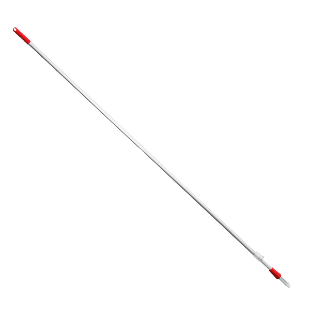 Eine Teleskopstange von Haug Bürsten KG mit einer ausziehbaren Länge zwischen 2180 und 4000 mm bei einem Durchmesser von 25/22 mm, wird mit einem roten Griff und einer Metallspitze aus eloxiertem Aluminiumrohr geliefert, isoliert auf einem weißen Hintergrund.