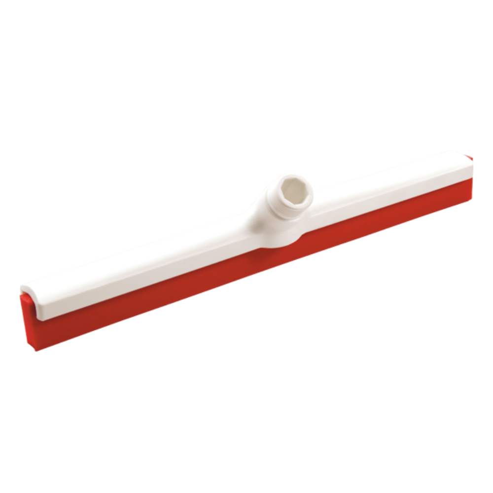 Auf einem schlichten weißen Hintergrund ist ein speziell für hygienische Anwendungen konzipierter Bodenwischer der Haug Bürsten KG im rot-weißen Design mit zentralem Kunststoff-Griffaufsatz abgebildet. Bei dem Produktmodell handelt es sich um den Haug Wasserschieber mit Wechselprofil zweilippig 420 x 35 x 80 mm in verschiedenen Farben.