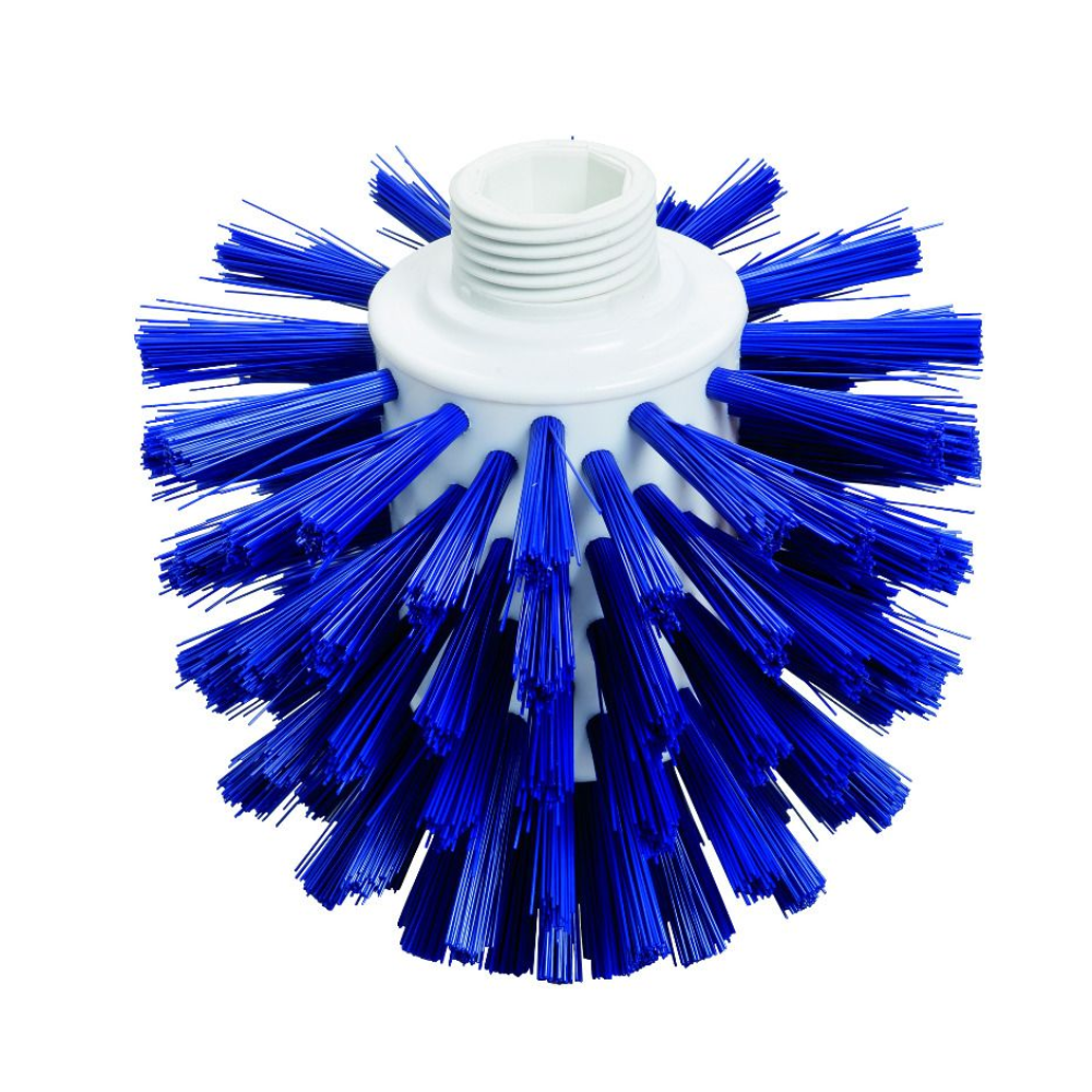 Die Haug Wolfbürste PP PBT ø0,50 mm Hart 135xø120 mm von Haug Bürsten KG verfügt über ein hygienisches Design mit dichten blauen Borsten, die gleichmäßig um eine weiße Kunststoffbasis angeordnet sind, was sie ideal für lebensmittelsichere Umgebungen macht. Sie verfügt in der Mitte über ein Gewindeloch zur einfachen Befestigung an einem Griff.