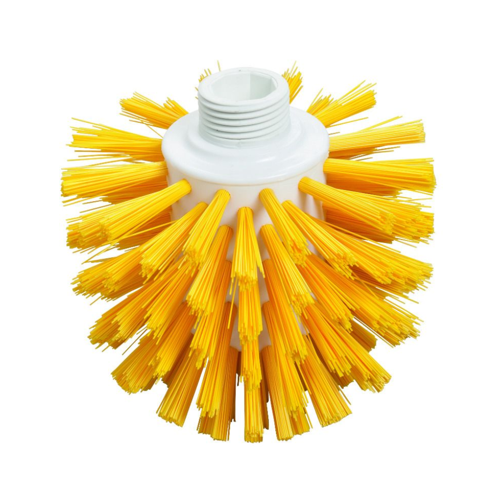 Die Haug Wolfbürste PP PBT zeichnet sich durch ein hygienisches Design mit steifen gelben Borsten aus, die von einem weißen Kunststoffkern ausgehen, und einer Gewindespitze. Die dicht angeordneten Borsten sorgen für Wirksamkeit auf verschiedenen Oberflächen.