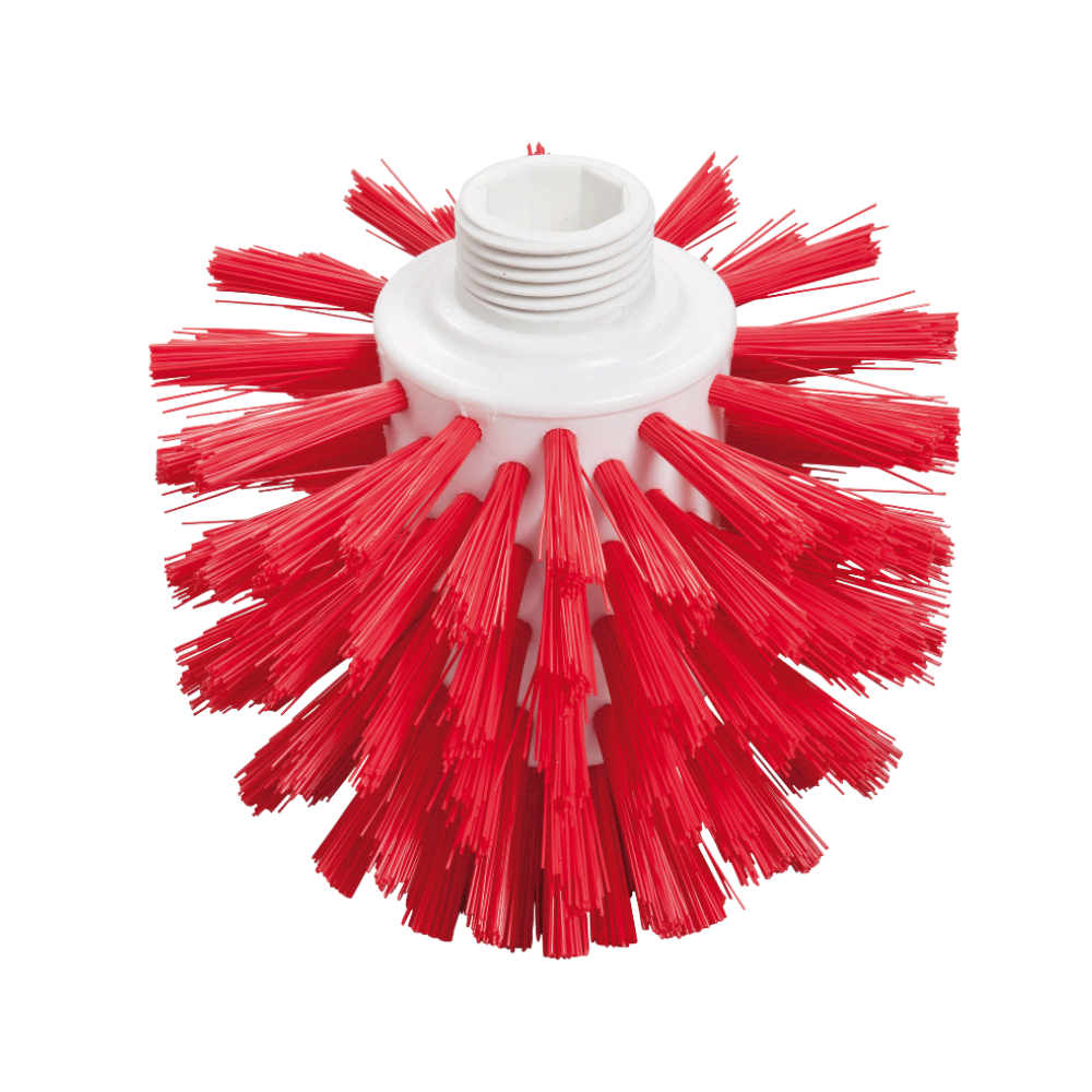 Eine rote Wolfbürste von Haug Bürsten KG im Hygienedesign zeichnet sich durch dicht gepackte, harte Borsten aus, die aus einem weißen Kunststoffsockel herausragen. Der Sockel verfügt über eine Gewindeöffnung zum Anschluss an ein Reinigungswerkzeug und ist daher perfekt für lebensmittelsichere Umgebungen geeignet.