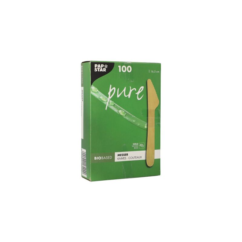 Das Bild zeigt eine grüne Schachtel mit PAPSTAR „pure“ Holzmessern und betont damit deren chemiefreie Eigenschaften. Die Schachtel enthält 100 umweltfreundliche Holzmesser mit einer Länge von jeweils 16,5 cm. Die Verpackung zeigt ein abgebildetes Messer und ein umweltfreundliches Branding der PAPSTAR GmbH.