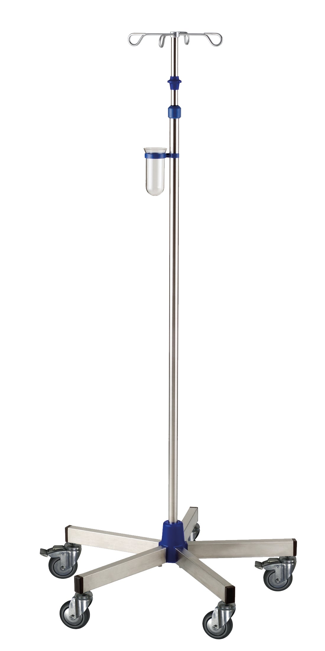 Der Novocal Infusionsständer Intensiv aus Edelstahl (Rohrdurchmesser 25/18 mm), mit fünf Rollen, vier Haken und transparentem Behälter, eignet sich ideal für den Einsatz in medizinischen Einrichtungen.