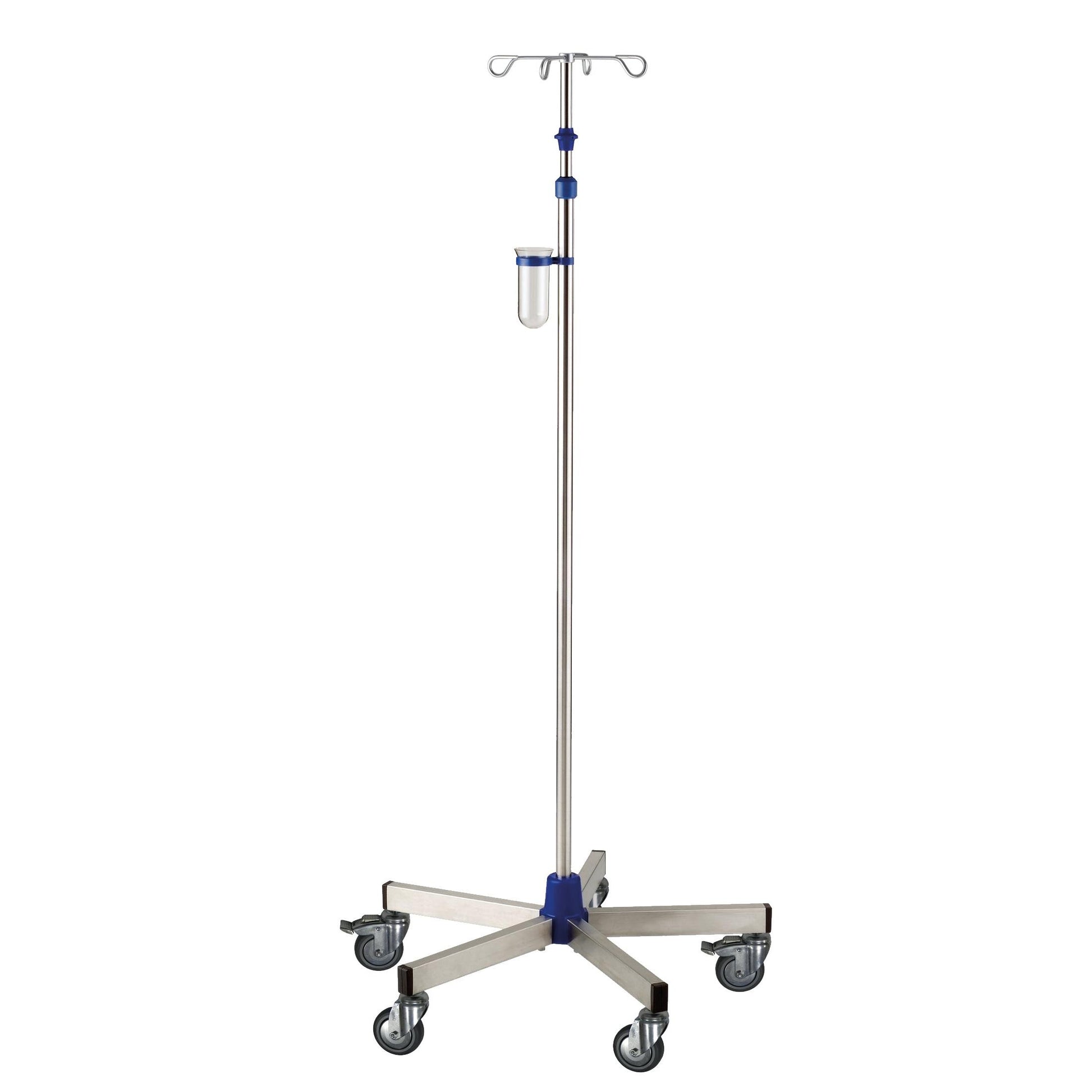 Der Novocal Infusionsständer Intensiv aus Edelstahl (Rohrdurchmesser 25/18 mm), mit fünf Rollen, vier Haken und transparentem Behälter, eignet sich ideal für den Einsatz in medizinischen Einrichtungen.