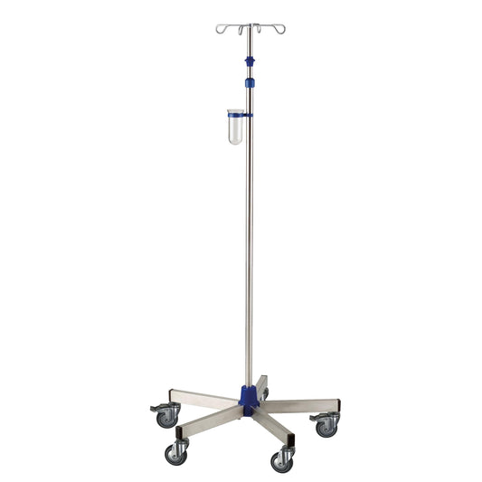 Der Novocal Infusionsständer Intensiv aus Edelstahl (Rohrdurchmesser 25/18 mm), mit fünf Rollen, vier Haken und transparentem Behälter, eignet sich ideal für den Einsatz in medizinischen Einrichtungen.