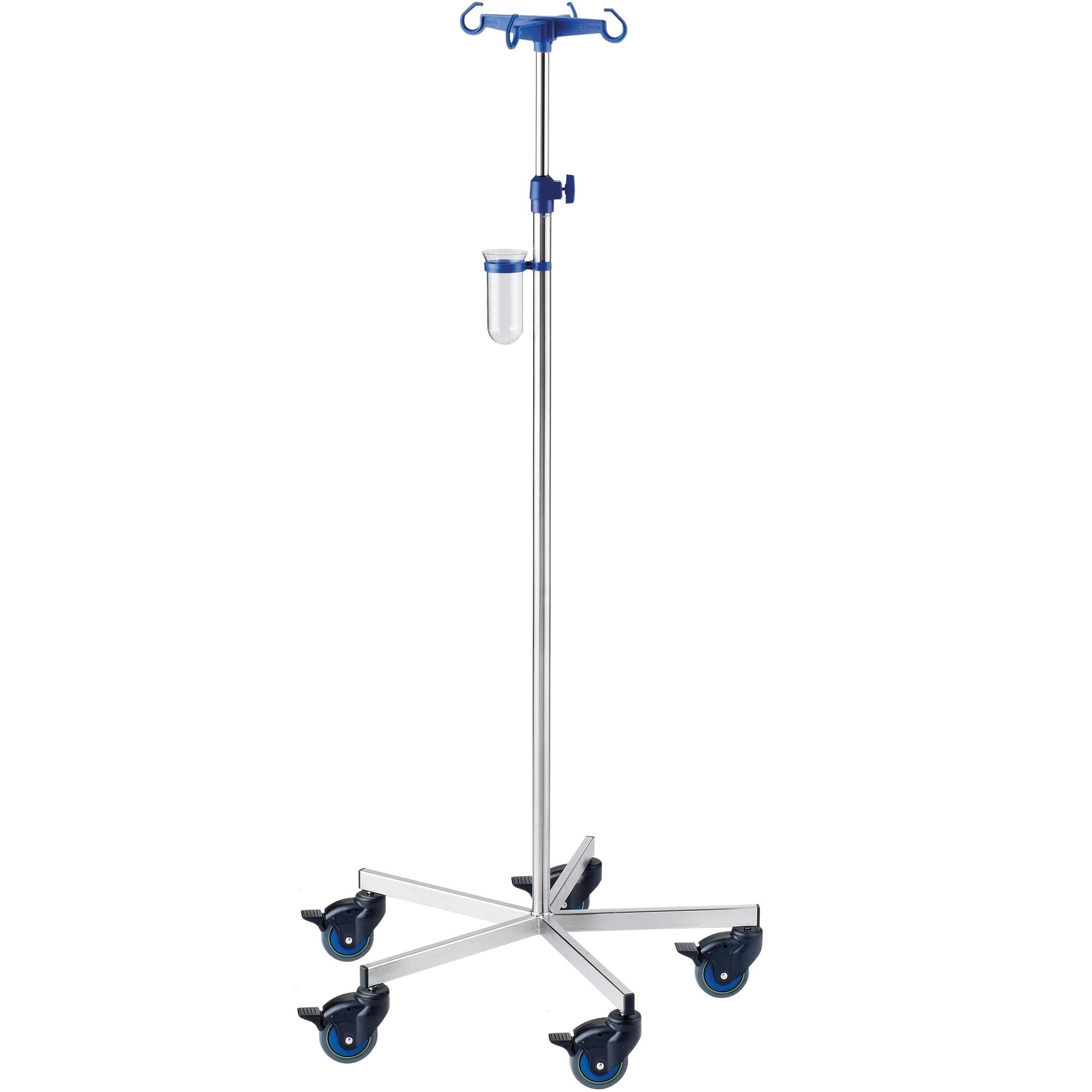 Der antimagnetische Novocal Infusionsständer MRT aus Edelstahl (Rohrdurchmesser 25/18 mm) verfügt über vier Haken, eine verstellbare Stange, fünf Rollen und einen kleinen transparenten Behälter für flexible Mobilität.
