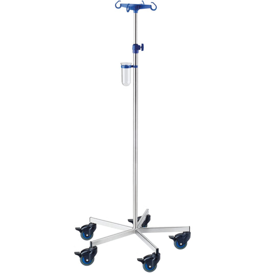 Der antimagnetische Novocal Infusionsständer MRT aus Edelstahl (Rohrdurchmesser 25/18 mm) verfügt über vier Haken, eine verstellbare Stange, fünf Rollen und einen kleinen transparenten Behälter für flexible Mobilität.
