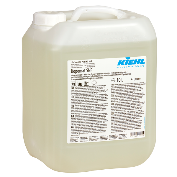 Ein 10-Liter-Behälter aus durchsichtigem Kunststoff mit Griff und weißem Deckel mit der Aufschrift "Kiehl Dopomat SNF Industriereiniger" der Johannes Kiehl KG. Das Etikett zeigt Sicherheitssymbole, mehrsprachigen Text und Angaben zum Industriereiniger.