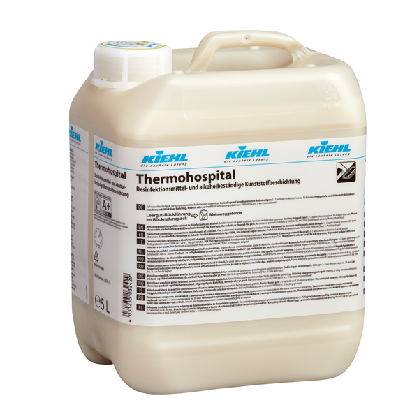Ein Karton mit 2 x 5L Johannes Kiehl KG Thermohospital Desinfektionsmittelbeständige Dispersion, mit alkoholbeständigem Kunststoff und etikettierter Vorderseite, konzipiert für Krankenhäuser.