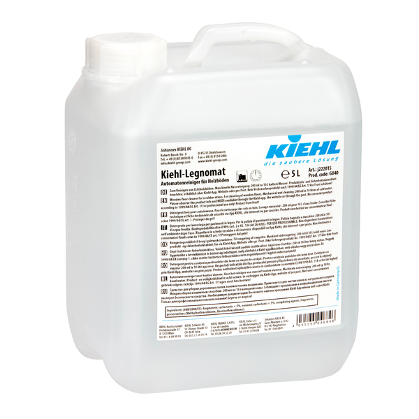 Der Kiehl-Legnomat Automatenreiniger für Holzböden (5 L, 2 Flaschen) der Johannes Kiehl KG ist ein transparenter Kunststoffbehälter mit weißem Deckel, mehrsprachig beschriftet und ideal für die maschinelle Reinigung von Holzböden.