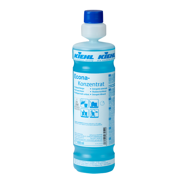 Die hohe, transparente Kunststoffflasche mit blauer Flüssigkeit "Kiehl Econa-Konzentrat Allround-Reiniger" der Johannes Kiehl KG mit blauem Schraubverschluss und ausführlicher deutscher Produktinformation auf dem Frontetikett reinigt effektiv Oberflächen.