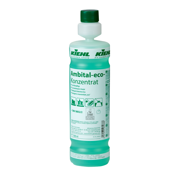 Eine Flasche Kiehl Ambital-eco-Konzentrat Eco-Wischpflege der Johannes Kiehl KG, ein grünes, umweltfreundliches Reinigungskonzentrat mit deutscher Beschriftung, Anwendungshinweisen und Öko-Symbolen auf der Vorderseite.