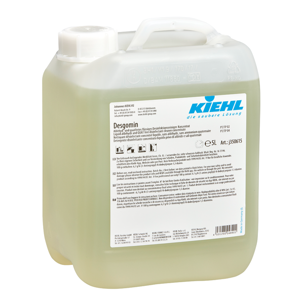10-Liter-Kunststoffkanister Kiehl Desgomin Aldehyd- und quatfreies flüssiges Desinfektionsreiniger-Konzentrat der Johannes Kiehl KG, mit weißem Schraubverschluss, Griff, blauem Logo und vorderseitigem Produktinformationsetikett.