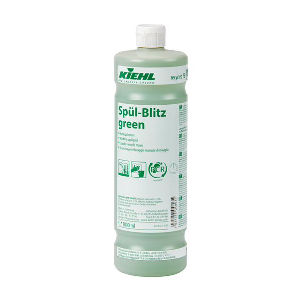 Eine 1000 ml Flasche Johannes Kiehl KG Kiehl Spül-Blitz grünes Handspülmittel mit weißem Verschluss, grünem Etikett mit mehrsprachigem Text und Recycling-Symbolen; enthält hellgrüne, biologisch abbaubare Flüssigkeit.