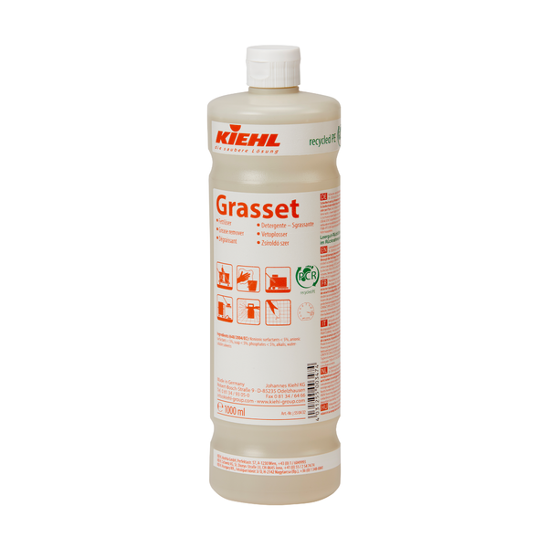 Die weiße 1-Liter-Kunststoffflasche von Johannes Kiehl KG Kiehl Grasset Fettlöser Küchenreiniger hat einen roten Verschluss und ein mehrsprachiges Etikett mit Gebrauchsanweisung und Produktangaben.