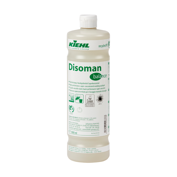 Eine 1-Liter-Flasche aus weißem Kunststoff mit Schraubverschluss der Johannes Kiehl KG mit der Aufschrift "Kiehl Disoman Hochleistungs-Handspülmittel Superkonzentrat", mit grüner und blauer Schrift, Recycling-Symbolen und mehrsprachiger Produktinformation.